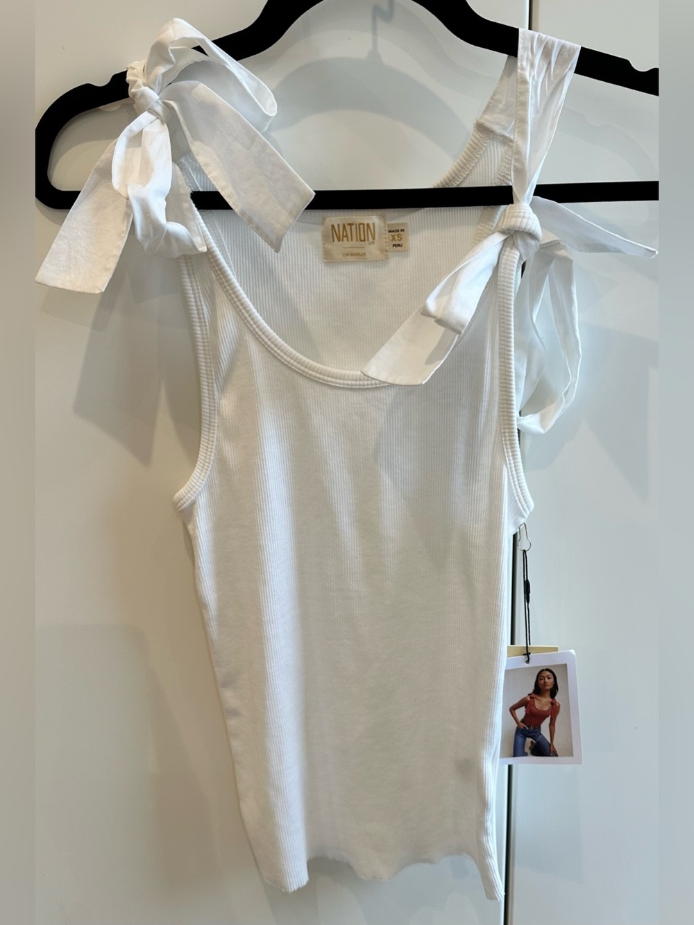 Nation LTD Cici Tie Ribbed Tank NWT White Bow Strap Organic Pima Cotton XS
